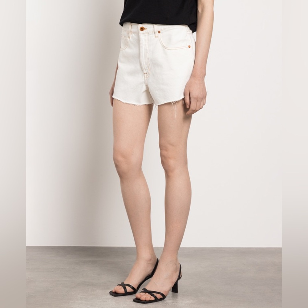 SLVRLAKE White Denim Farrah Cut Off Shorts Tan Seams Size 24